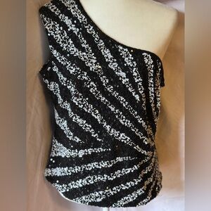 Camille La Vie Black and Silver Sequin One Shoulder Top